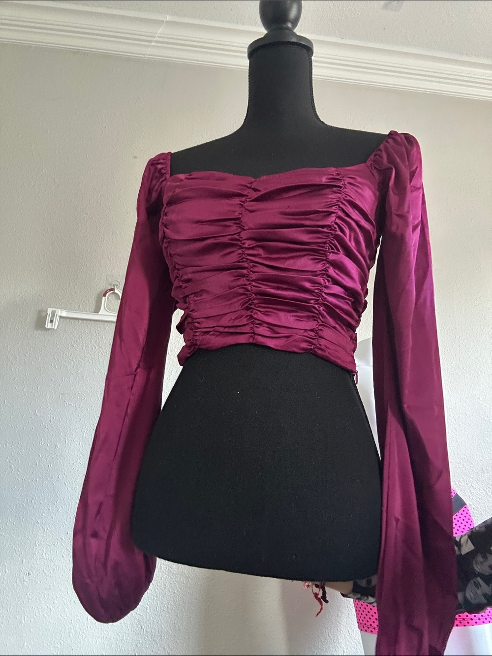 Forever 21 Ruched Square-Neck Long Sleeve Crop Top - Plum